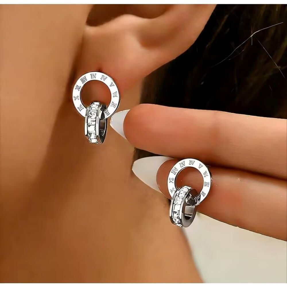 Luxury Roman Numeral Crystal Interlocking Stud Earrings Silver Tone Elegant